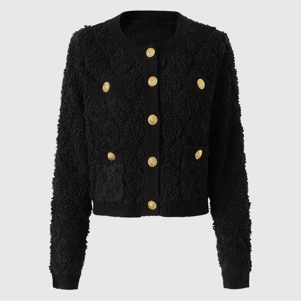 SWEATERS- Black Boucle Cardigan Sweater With Gold Buttons - Picture 2 of 8